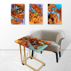 Jeezi Handmade Multipurpose C Table/ End Table, Mobile Sofa Side End Table, Solid Wood Living Room End Table, Resin Art Wall Decor 14