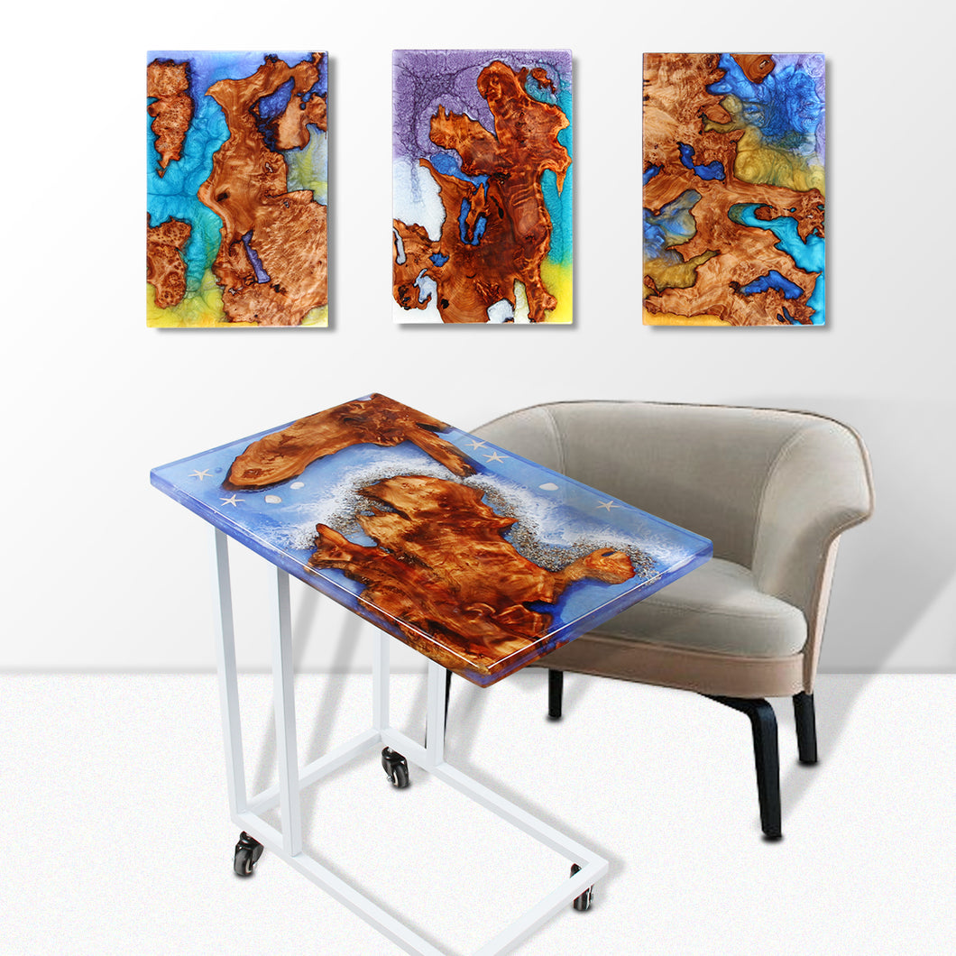 Jeezi Handmade Multipurpose C Table/ End Table, Mobile Sofa Side End Table, Solid Wood Living Room End Table, Resin Art Wall Decor  16