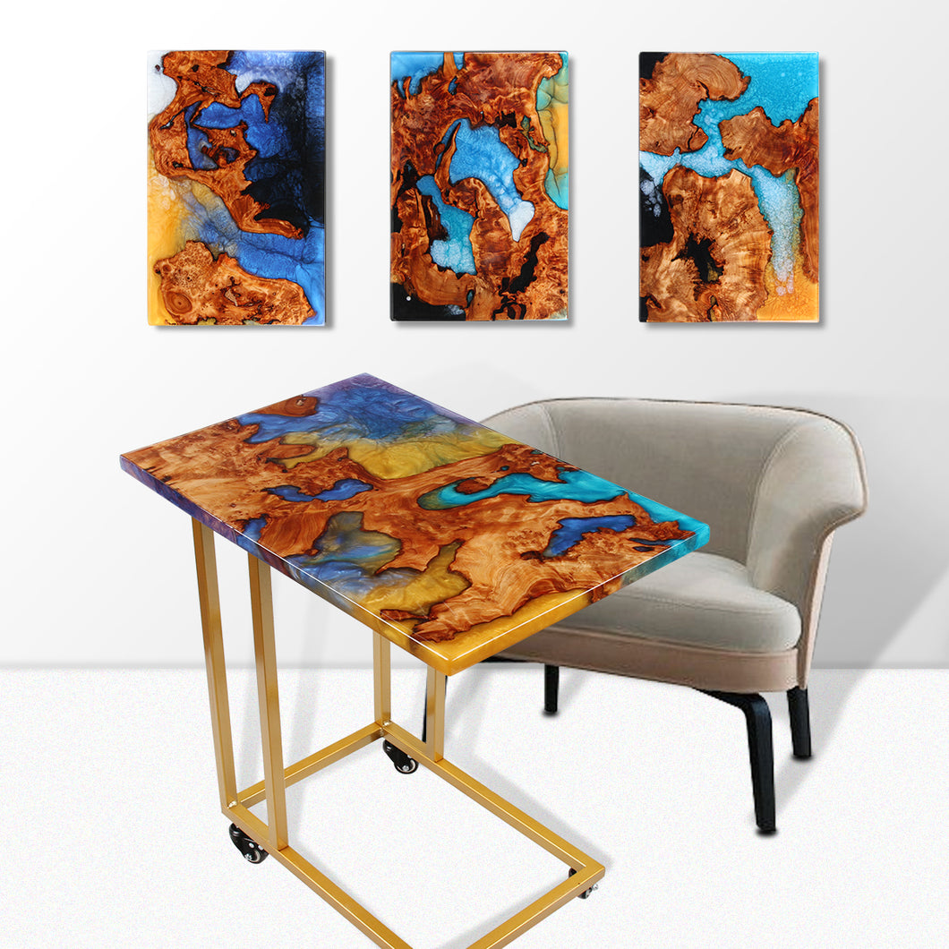 Jeezi Handmade Multipurpose C Table/ End Table, Mobile Sofa Side End Table, Solid Wood Living Room End Table, Resin Art Wall Decor 03