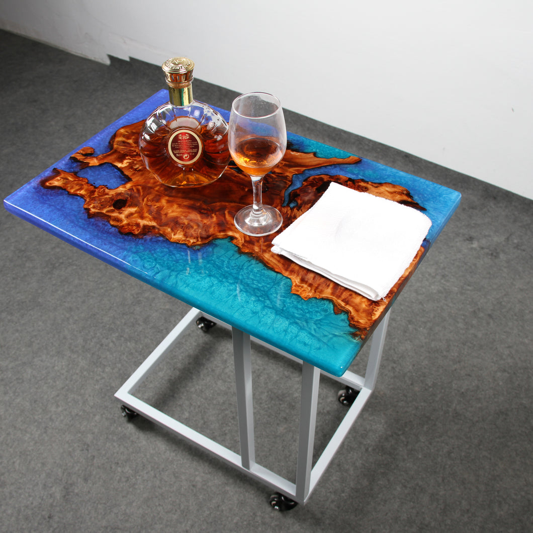 Jeezi Handmade Multipurpose C Table/ End Table, Mobile Sofa Side End Table, Solid Wood Living Room End Table, Resin Art Wall Decor  06