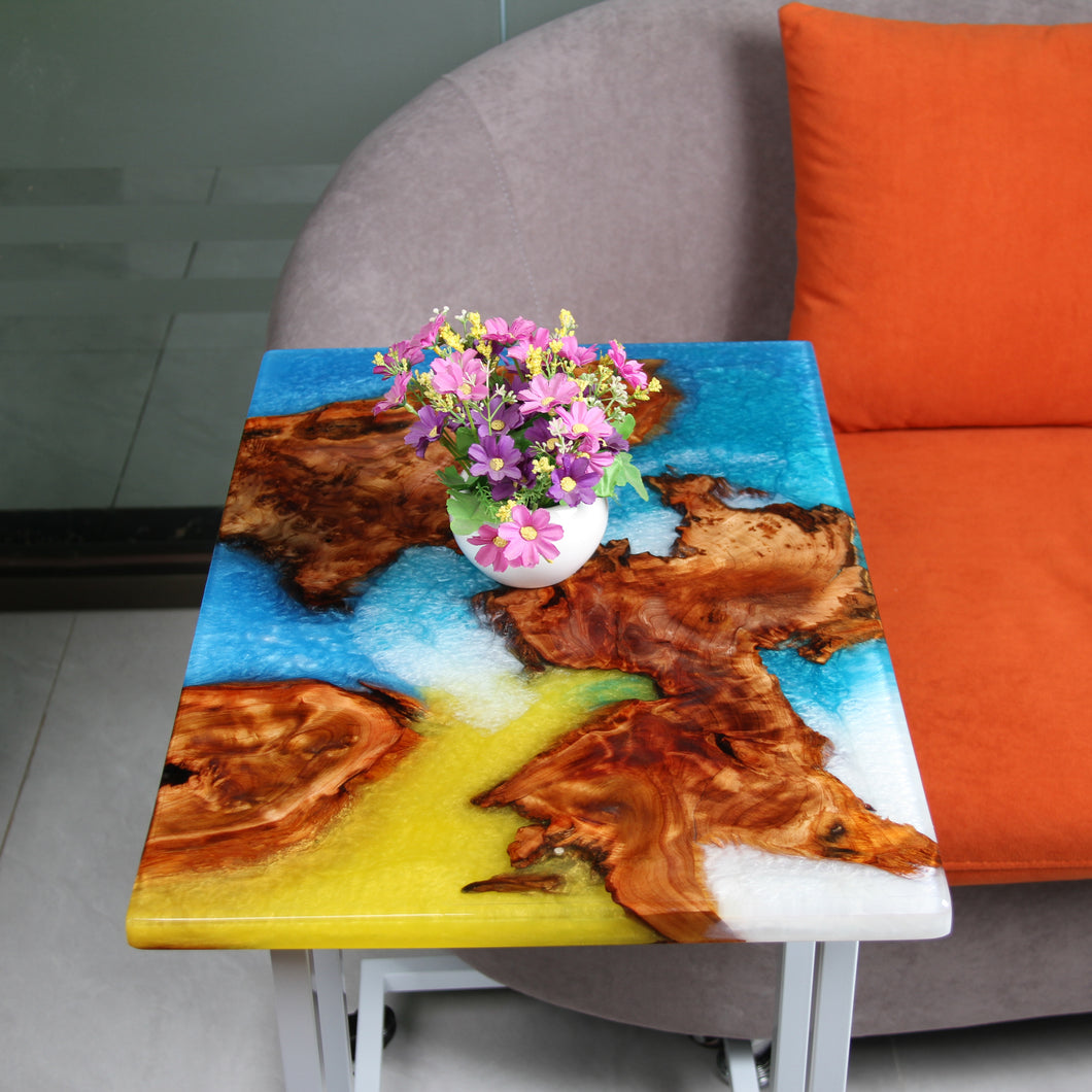 Jeezi Handmade Multipurpose C Table/ End Table, Mobile Sofa Side End Table, Solid Wood Living Room End Table, Resin Art Wall Decor 05