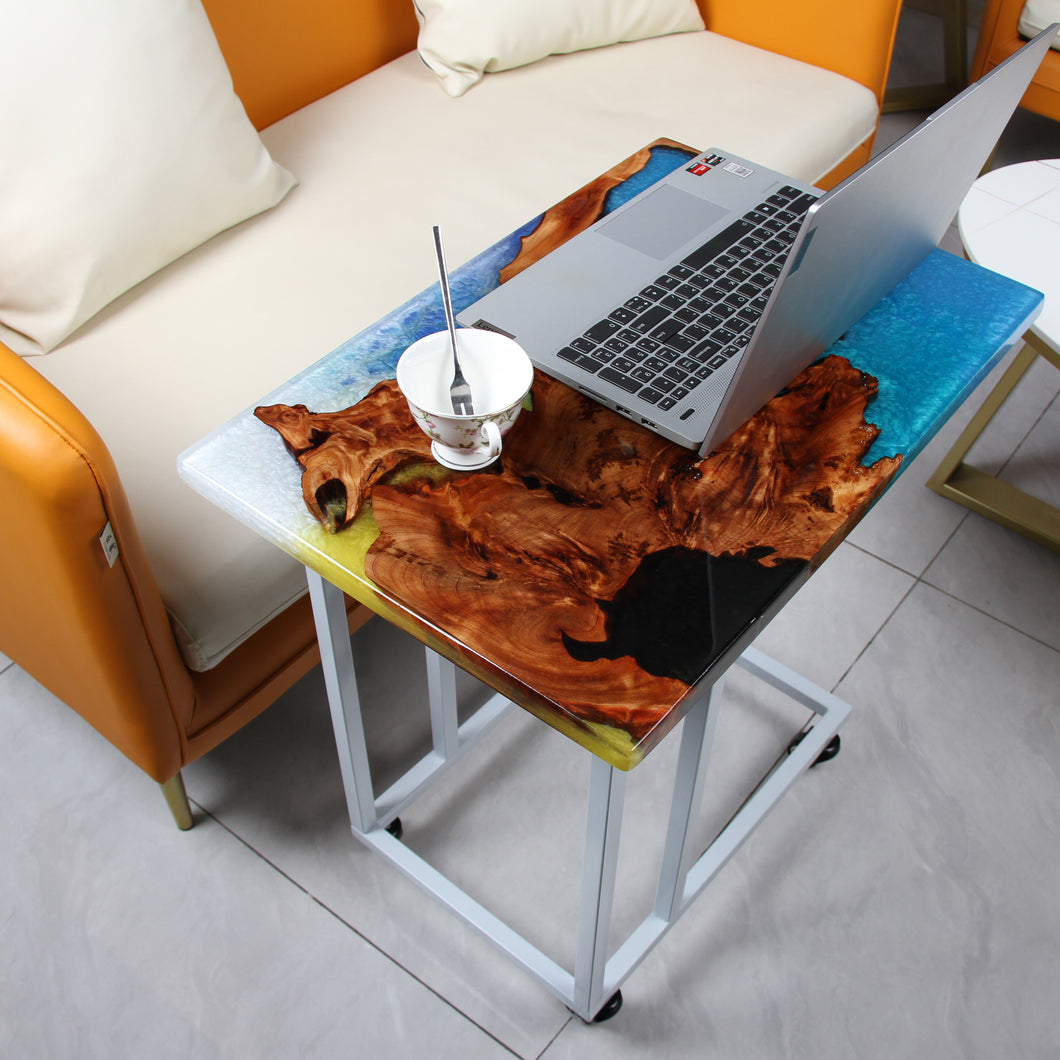 Jeezi Handmade Multipurpose C Table/ End Table, Mobile Sofa Side End Table, Solid Wood Living Room End Table, Resin Art Wall Decor 07